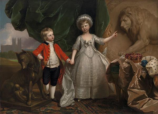 Benjamin West (British American, 1738-1820) Portrait of Prince William and h¬¬¬is Elder Sister, Princess Sophia, 1779, oil on canvas, fr: 74 ⅛ x 98 ⅛”; unfr: 61 ⅜ x 85 ¼”