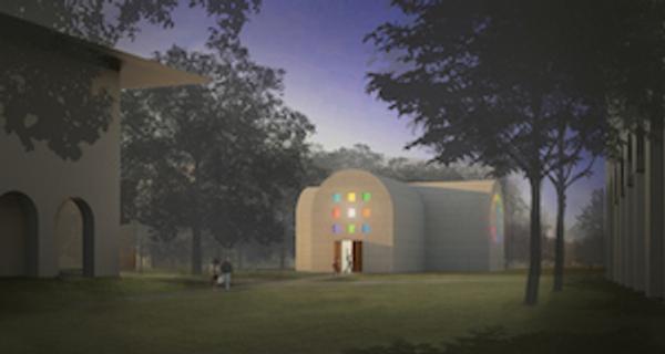 Ellsworth Kelly, Austin, 2015.  Artist-designed building with installation of colored glass windows, marble panels, and redwood totem.  60 ft.  x 73 ft.  x 26 ft.  4 in.  Blanton Museum of Art, The University of Texas at Austin.  Gift of the artist, with funding generously provided by Jeanne and Michael Klein, Suzanne Deal Booth and David G.  Booth, the Scurlock Foundation, the Longhorn Network, and other donors © 2015 Ellsworth Kelly 