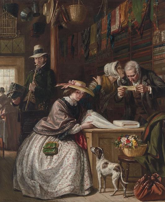 Daniel Huntington (American, 1816-1906) The Counterfeit Note, 1858.  Signed D.  Huntington and dated 1858.  Oil on canvas, 30 1/8 x 25 1/8 inches.  Sold for $406,000.  A World Auction Record for the Artist 