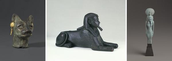 (left to right): Cat's Head, Egypt, Roman Period, 30 B.C.E.–3rd century C.E., bronze and gold, Brooklyn Museum, Charles Edwin Wilbour Fund, 36.114; Sphinx of King Sheshenq, Egypt, Third Intermediate Period, Dynasty 22–Dynasty 23, c.  945–718 B.C.E., bronze, Brooklyn Museum, Charles Edwin Wilbour Fund, 33.586; Standing Lion-Headed Goddess, Egypt, Late Period or later, 664–30 B.C.E., faience, Brooklyn Museum, Charles Edwin Wilbour Fund, 37.943E