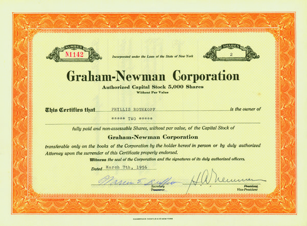 HWPH AG auctions a stock certificate of Graham-Newman Corporation which was issued in 1956 and signed by Warren Buffett.  