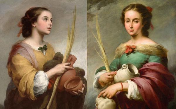 Bartolomé Esteban Murillo (Spanish, 1617 - 1682), Saint Justa, c.  1665.  Oil on canvas.  Meadows Museum, SMU, Dallas.  Algur H.  Meadows Collection, MM.72.04.  Photo by Michael Bodycomb.  RIGHT: Bartolomé Esteban Murillo (Spanish, 1617 - 1682), Saint Rufina, c.  1665.  Oil on canvas.  Meadows Museum, SMU, Dallas.  Algur H.  Meadows Collection, MM.72.05.  Photo by Brad Flowers