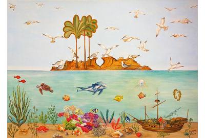 Ognyan Kostov Kolev, The Island of the Seagulls, Acrylic & Gold on Canvas, 20'' x 27.5''