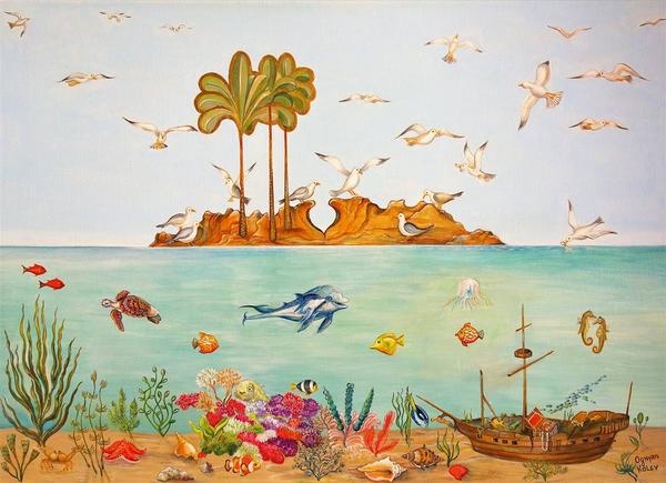 Ognyan Kostov Kolev, The Island of the Seagulls, Acrylic & Gold on Canvas, 20'' x 27.5''