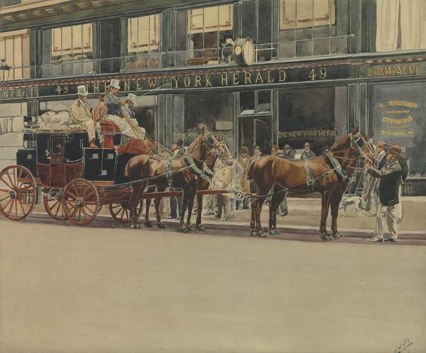 Berko Fine Paintings — "Paris- Trouville In 10 Hours 50 Minutes and Thirteen Stages; The Departure (Avenue De L'Opera, P aris) in Front of the Offices of the New York Herald" by Manuel Luque, Watercolor on paper, 13x15.5 in 