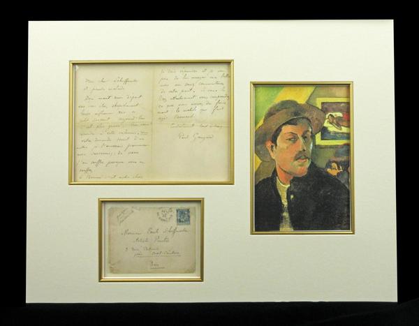 Two-page letter handwritten in French and signed by the renowned French artist Paul Gauguin (1848-1903), matted, with a reproduction of a Gauguin self-portrait (est.  $15,000-$17,000).