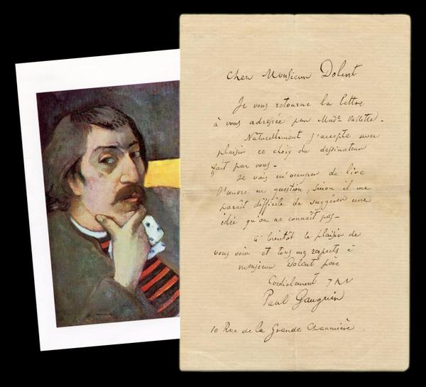 One-page letter written and signed by French Impressionist Paul Gauguin (1848-1903), from his days as a Parisian art student, with a color print of a self-portrait (est.  $18,000-$20,000).