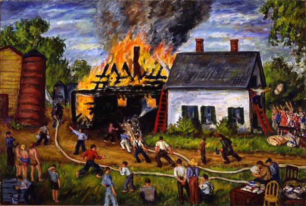 Waldo Peirce (b.1884, d.1970), The Fire at East Orrington, 1940, Oil on canvas, 27 x 40 1/16 inches, Museum purchase, 1950.708