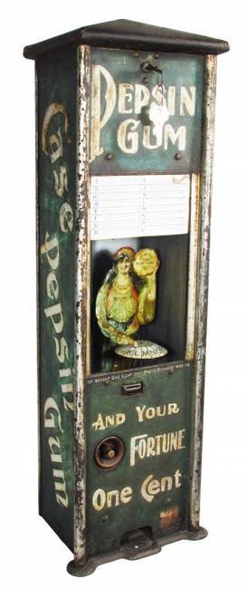 This rare antique Pepsin Gum tin coin-op dispenser (one cent for gum and a fortune) sold for $57,000 at auction.