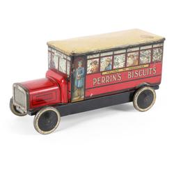 Perrin’s Biscuits figural tin, branded “Perrin’s Biscuits – Halifax to Vancouver”, produced in England and branded for the Canadian market (est.  $1,500-$2,000).  