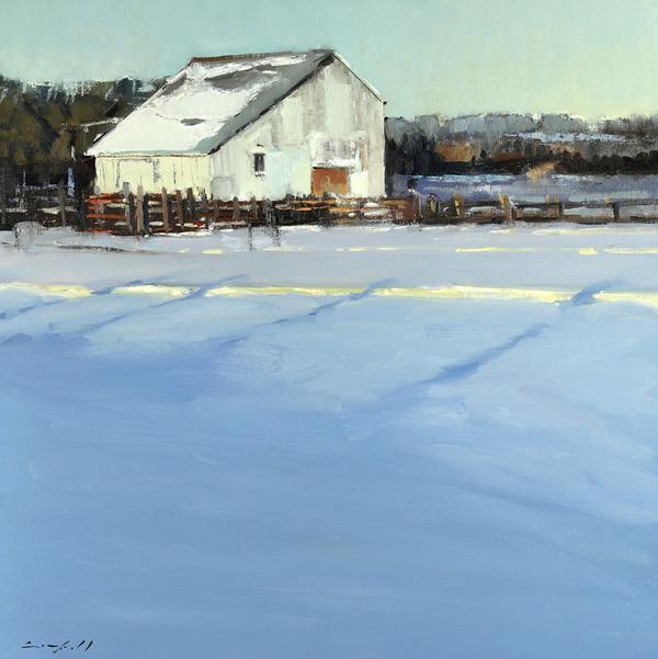 Peter Campbell, "Winter Barn," Oil on Canvas, 24 x 24 in