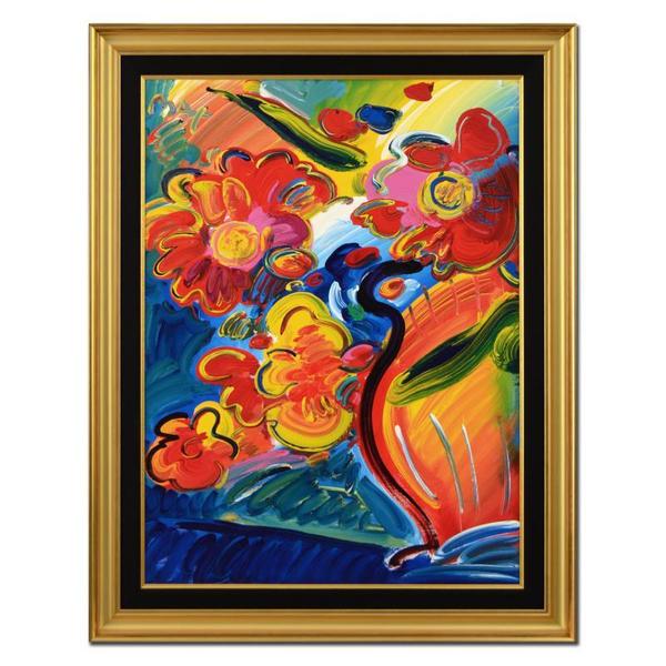 Original acrylic painting on canvas by Pop Art icon Peter Max (b.  1938), titled Flowers, hand-signed by the artist and housed in a custom frame.