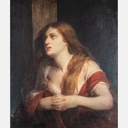 Painting of a mourning Mary Magdalene by Peter Rothermel (American, 1817-1895), reminiscent of a pre-Raphaelite beauty, 30 inches by 25 inches (sight), artist signed lower right (est.  $2,000-$5,000).  