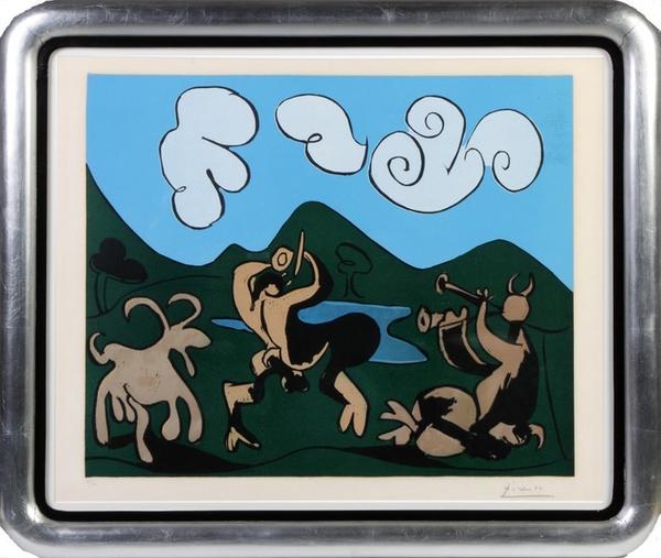 This linocut by Pablo Picasso, titled Faunes et Chevre, is estimated to bring $60,000-$80,000.