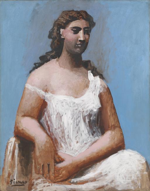 Pablo Picasso, Seated Woman in a Chemise (Femme en chemise assise) , 1923, oil on canvas, 36 ½ x 28 ¾ in.  (921 x 730 mm) .  Tate: Bequeathed by C.  Frank Stoop 1933 , N04719.  © 2016 Estate of Pablo Picasso / Artists Rights Society (ARS), New York .  Image © Tate, London 2015 