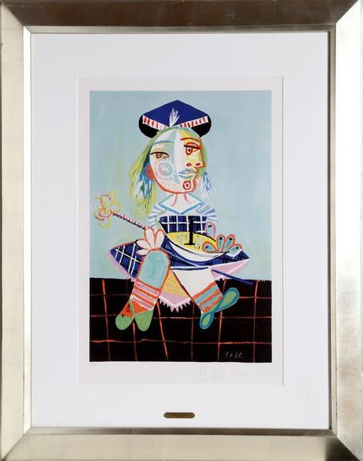 This pencil-signed 1938 lithograph on Arches paper, framed, by Pablo Picasso, is available right now on Barnebys.com, through RoGallery.com.