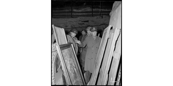 Generals Dwight D.  Eisenhower, Omar N.  Bradley, and George S.  Patton inspect art found in the Merkers salt mine, April 12, 1945, image courtesy of National Archives at College Park, MD