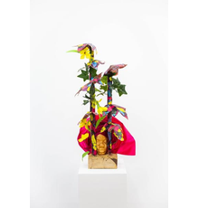 Layo Bright, Luffa Acutangula (Loofah), 2019.  Wood, Ghana-must-go-bag, Gele, Kan Kan, Foam, Plaster, Pigment, Wire, 39” x 17.5”x 18”