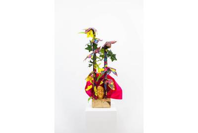 Layo Bright, Luffa Acutangula (Loofah), 2019.  Wood, Ghana-must-go-bag, Gele, Kan Kan, Foam, Plaster, Pigment, Wire, 39” x 17.5”x 18”