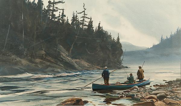 Ogden M.  Pleissner, Salmon Fishing, watercolor, 16 1/2 by 28 1/2 in., ($40/60,000)