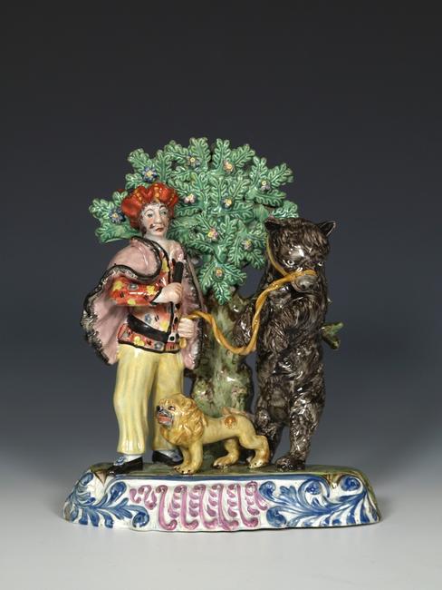 Staffordshire Pearlware Group: Savoyard and Dancing Bear, c.1820 Bright polychrome enamels 