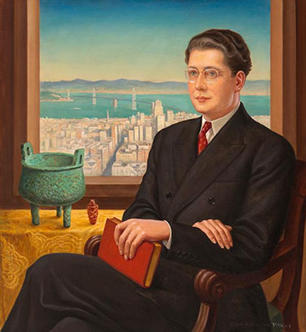 Stanislaus Poray "Portrait of Philip G.  Bentz, Jr." 1938 Signed and dated “Stan Pociecha Poray 1938” lower right Oil on canvas 48.5 x 45.25 inches Exhibition Label: California Commission for the Golden Gate International Exhibition, San Francisco, CA, ca.  1939 Note: Housed in Artist’s hand-carved frame