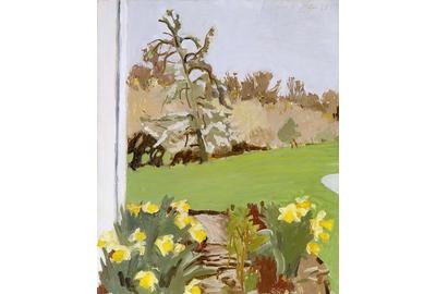 Fairfield Porter (1907-1975), “Daffodils and Pear Tree,” 1973, oil on Masonite, 22 1/2" x 18 1/2", signed