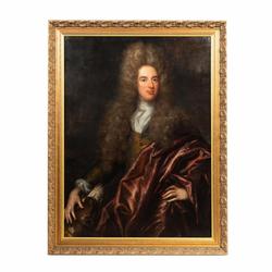 French 18th century oil on canvas portrait of a gentleman and his dog, titled Nobleman and His Dog, 46 inches by 34 inches (less frame), unsigned (estimate: $3,000-$5,000).  