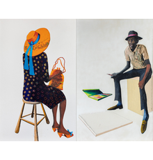 Benny Andrews (1930-2006), Portrait of the Portrait Painter (Portraits of...  Series), 1987, oil and graphite on two canvas panels with painted fabric collage, 80 x 100 x 3/4 inches / 203.2 x 254 x 1.9 cm, signed