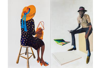 Benny Andrews (1930-2006), Portrait of the Portrait Painter (Portraits of...  Series), 1987, oil and graphite on two canvas panels with painted fabric collage, 80 x 100 x 3/4 inches / 203.2 x 254 x 1.9 cm, signed