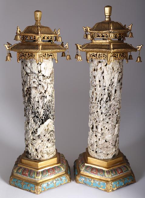 A pair of Qing dynasty Chinese ‘Chicken Bone’ Jade Censers set with later gilded metal and enamel mounts 