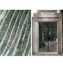 Left: Beyond silk fabric, part of Rubelli's 2021 textile collection Di Varia Natura; © 2021 Rubelli Spa Right: Claire Falkenstein, Entrance Gates to the Palazzo, 1961, iron and colored glass, two elements: 109 x 71 3/8 inches / 277 x 181.2 cm overall; Peggy Guggenheim Collection, Venice, Italy (Solomon R.  Guggenheim Foundation, New York); Image: © Peggy Guggenheim Collection; Photographer Matteo De Fina