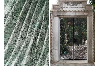 Left: Beyond silk fabric, part of Rubelli's 2021 textile collection Di Varia Natura; © 2021 Rubelli Spa Right: Claire Falkenstein, Entrance Gates to the Palazzo, 1961, iron and colored glass, two elements: 109 x 71 3/8 inches / 277 x 181.2 cm overall; Peggy Guggenheim Collection, Venice, Italy (Solomon R.  Guggenheim Foundation, New York); Image: © Peggy Guggenheim Collection; Photographer Matteo De Fina