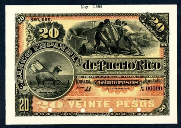 This beautiful and rare Banco Espanol de Puerto Rico circa 1889-1890 20 Pesos proof banknote rarity will be sold Feb.  23rd in Fort Lee, N.J.