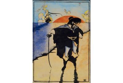 "The Pirate" by Howard Pyle, watercolor and ink, 13 x 9 in.  sight (33.0 x 22.9 cm sight) a feature of the Barridoff auction