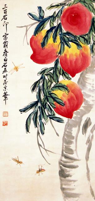 Qi Baishi "Massive Peaches, Baishi.  Hanging scroll, ink and color pigment on paper.  Signed Qi Baishi, with two artist seals.  (Lot 17)