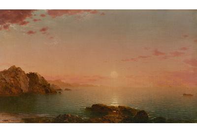 John Frederick Kensett (1816–1872) Pro Patria (Sunset on the Coast), 1864 Oil on canvas 141/16 x 241/16 inches Monogrammed and dated lower right: JF.K.  ’64 Available at Questroyal Fine Art, LLC, New York, New York 