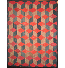 Antique Hooked Rug, Red-topped Cubes in a row.