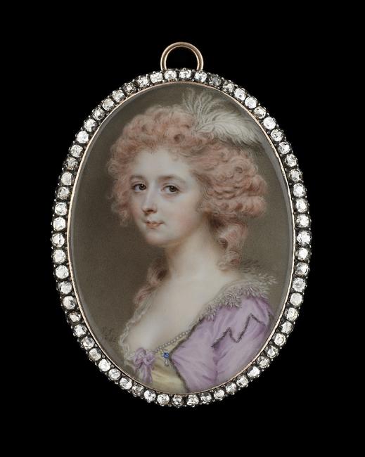 A Lady, wearing a low-cut pearl-bordered yellow bodice with mauve bow, fur-bordered mauve dress with jewelled pearl and sapphire clasp and embroidered pointed lace collar, her hair worn curled and pink-powdered and decorated with white ostrich feather by John Smart.  © Philip Mould & Company.