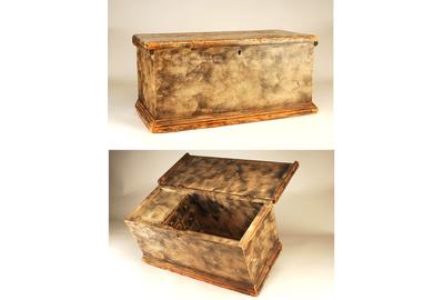  Smoke Decorated Box With Fitted Interior American, Ca.  Early 19th Century Pine with dovetailed construction and original smoke decoration.  Decorated interior fitted with a case of 5 drawers.  Ex.  Margaret Canavan.  