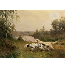 Percival Leonard Rosseau (1859-1937), Setters on the Scent, 1910, Signed and dated, Oil on canvas, 23 7/8 x 32 inches.  The Estate of Laura M.  Mako.  Est.  $15,000-25,000.