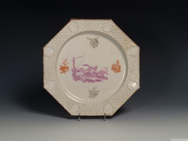 A rare triple colored transfer printed salt- glazed stoneware plate, 1756/60