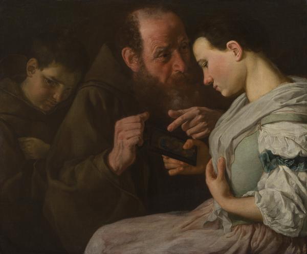  GASPARE TRAVERSI (Napoli 1722 ca.  - Roma 1770) The Monk, the Novice, and the Maiden Oil on canvas 24 3/8 x 29 1/8 inches (62 x 74 cm.)