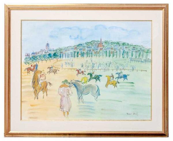 Untitled (Chevaux a Deauville) figural landscape by Raoul Dufy (French, 1877-1953), one of two figural watercolor paintings by Dufy in the sale (est.  $20,000-$40,000).