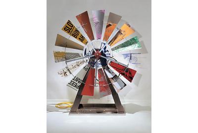 Robert Rauschenberg, Eco-Echo VIII, 1993, aluminum, sonar-activated motor, bicycle wheel, galvanized-steel windmill hardware, street signs, screenprinted acrylic, and hand-painting on aluminum and Lexan, 88 1/2 x 73 1/2 x 26 1/2 inches.  Collaboration: Donald Saff, Nick Conroy, Ken Elliott, Patrick Foy, George Holzer, and Conrad Schwable; assisted by Tim Amory, Maggi De Lamater, and Madeleine Shinn.