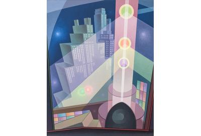 Raymond Jonson (1891-1982), City Lights, 1933, oil on canvas in artist's original painted frame, 48 x 38 inches / 121.9 x 96.5 cm, signed