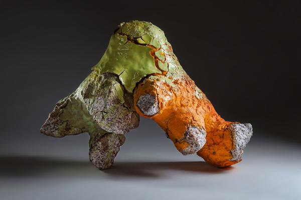 Duo, 2017 Orange and green Stoneware, Porcelain, Volcanic rock components, glaze, slips, resin, 22 x 28 x 43 inches 