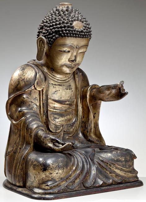 Attributed to Gyeju (flourished ca.  1680s).  Seated Buddha, Korea, 17th century, Joseon Period (1392–1912).  Wood, lacquer, gold, and rock crystal.  Newark Museum, Purchase 2013 Mr.  and Mrs.  William V.  Griffin Fund, 2013.26