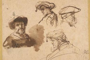 Rembrandt Harmensz.  van Rijn, Dutch, Four Studies of Male Heads, c.  1636.  Brown ink and brown wash on cream antique laid paper.  The Maida and George Abrams Collection, Fogg Art Museum, Harvard University, Cambridge, Massachusetts, Gift of George Abrams in memory of Maida Abrams, 2018.228.