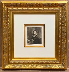 Early etching on paper by Rembrandt, of Jan Cornelis Sylvius (Eusticke’s 1st State of 3, 1633), 6 ½ inches by 5 ½ inches (sight, less the double-matted frame) (est.  $15,000-$25,000).